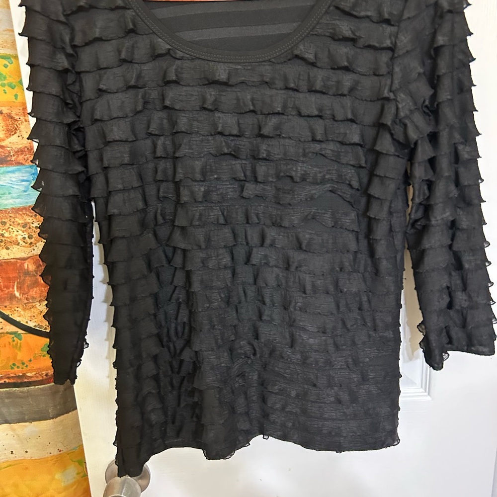 Susan Graver Black Ruffled Blouse with Three-Quarter Sleeves